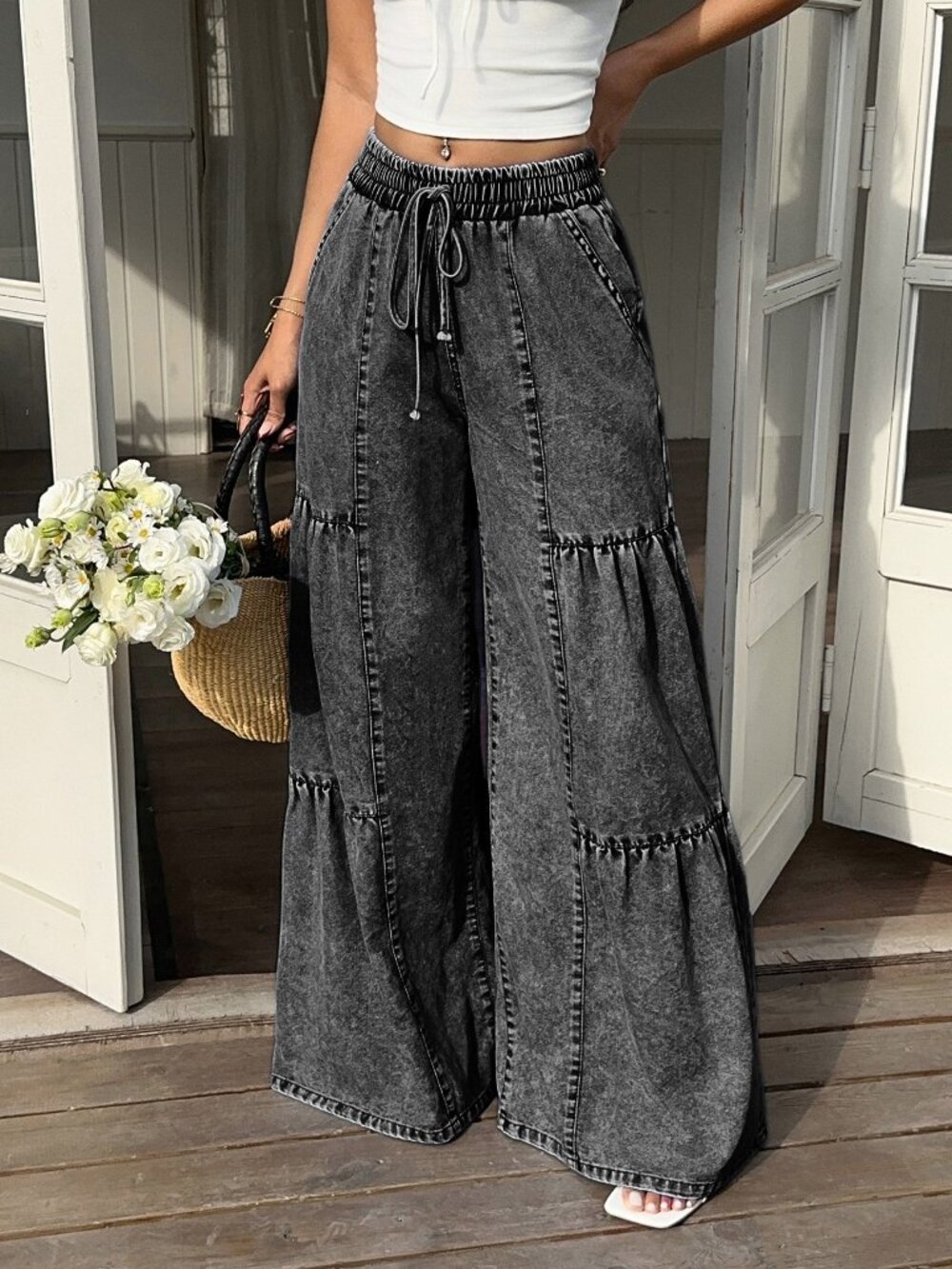 Dark Grey Casual Women's Drawstring Waist Denim Jeans - Picture 5 of 7